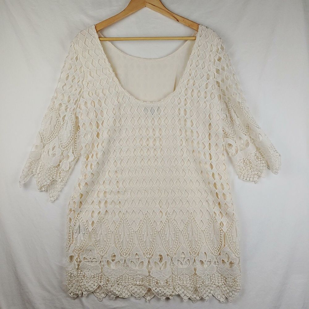 Aakaa Dress Womens Large Ivory Scoop Neck 3/4 Sleeve Lined Lace Boho Beach Party - Picture 5 of 13